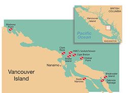 Map of Vancouver Island that labels dive locales