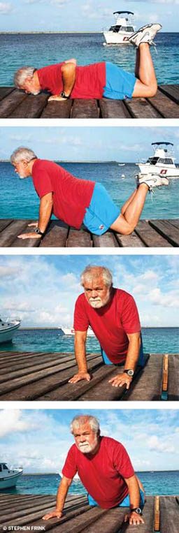 Sequence of old man performing a partial plank on his knees