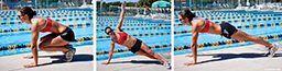 Sequence of three photos: Woman has knees to elbows; woman in side plank position; woman in plank position