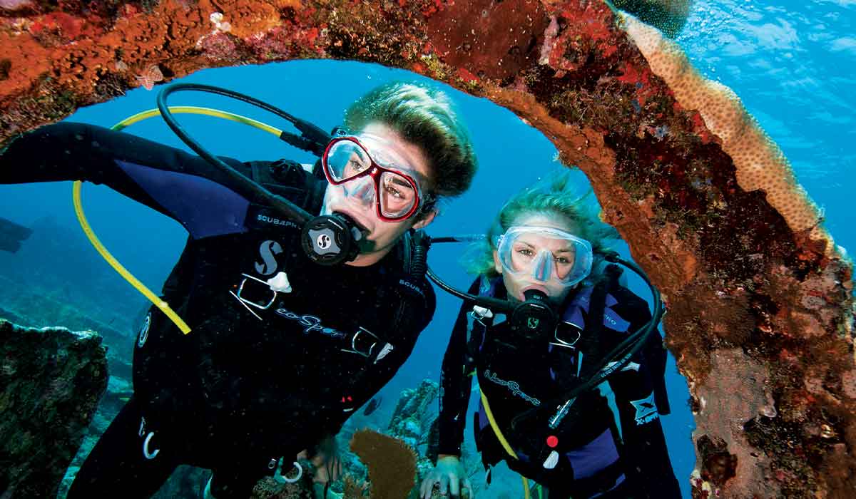 Two divers peer through a coral structure while diving