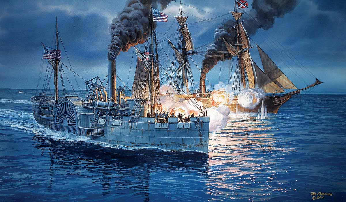 Two ships engage in a fiery battle on the ocean