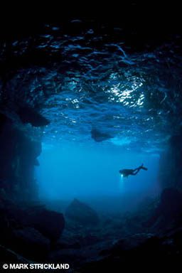 A diver swims through a very dark cavern