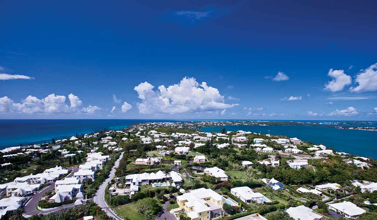 Aerial view of Bermuda with houses on the coast