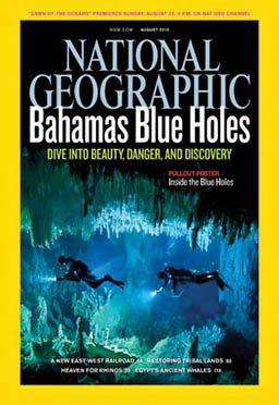 National Geographic magazine cover depicts a submerged cave and two cave divers