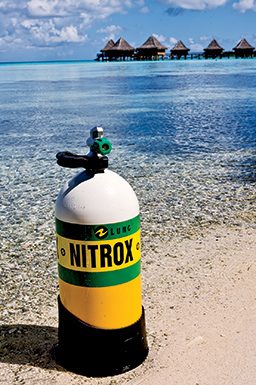 Nitrox tank rests on a beach