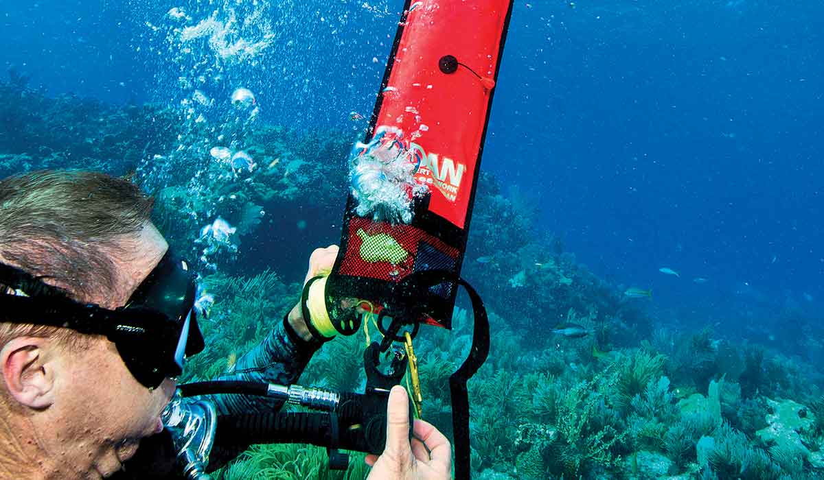 Submerged diver deploys a red surface marker