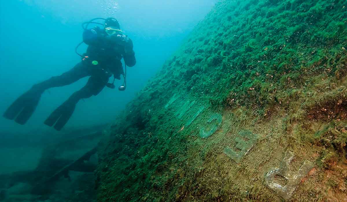 Drysuit diver takes a photo of a sponge-encrusted shipwreck