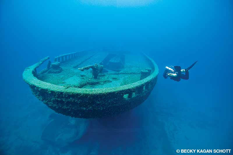 The stern of the Grecian sits upright in 60 to 100 feet of water and is a popular recreational site in the sanctuary.