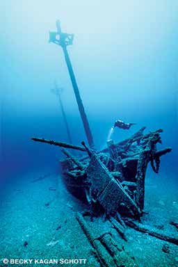 The Kyle Spangler was a two-masted schooner that collided with another schooner in 1860 and sank into 180 feet of water.