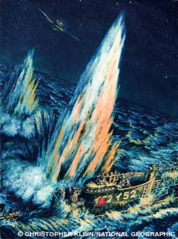 An oil painting depicts the I-52 being hit and sunk by U.S. torpedo bombers.