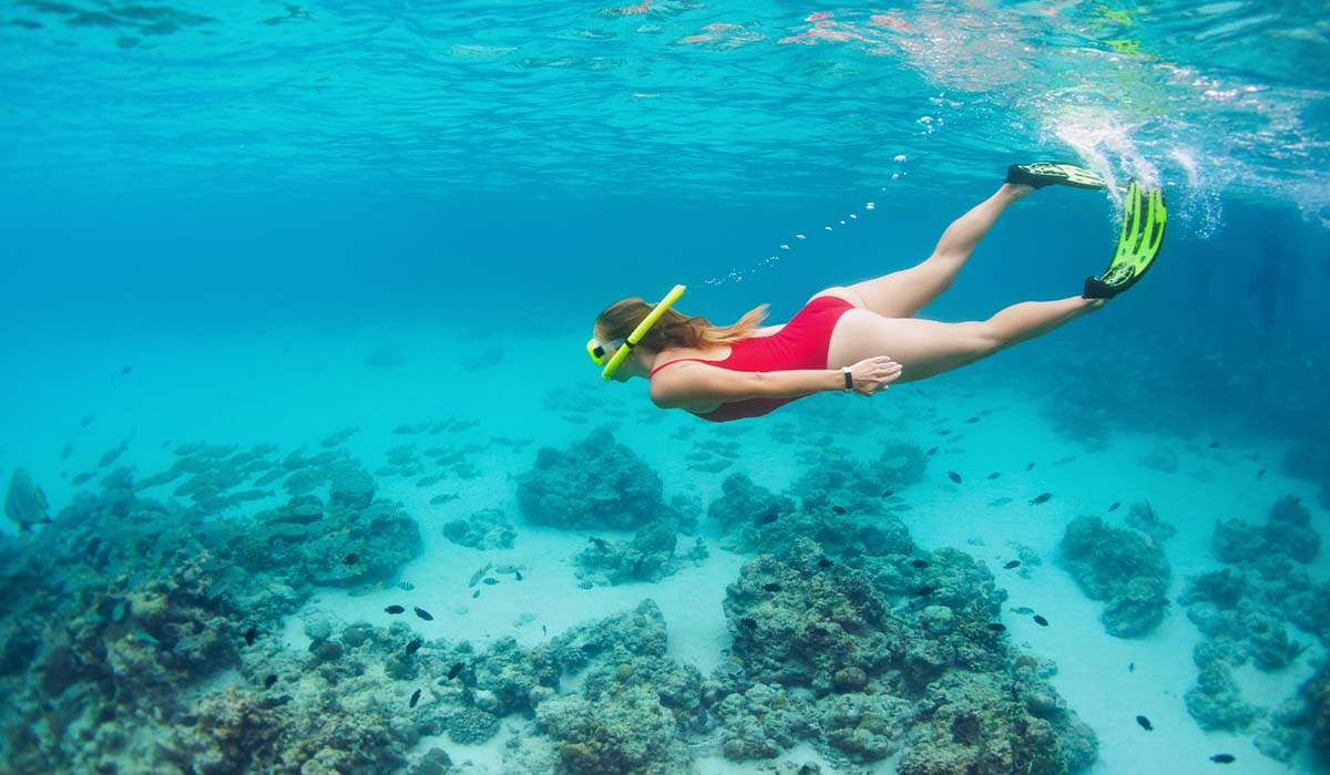 A snorkeler, presumably female, is wearing a red swimsuit and lime-green fins.