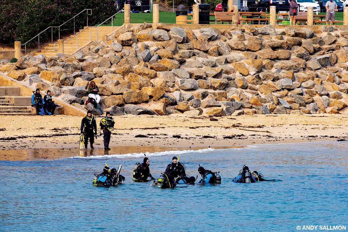 divers learning shore diving basics along rocky coastline