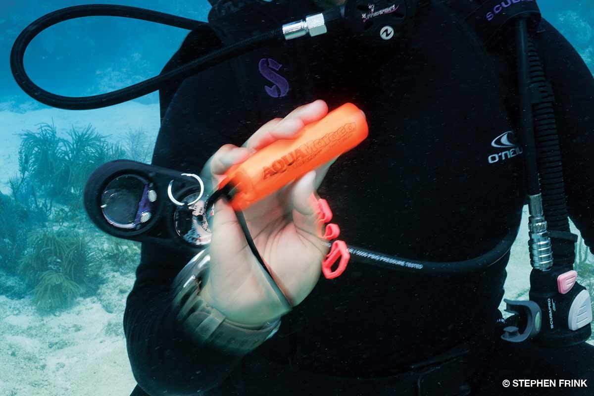 diver holds a noisemaker underwater