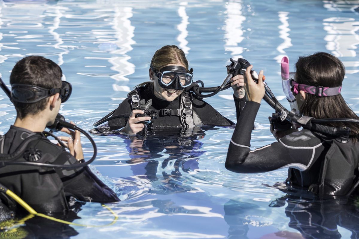 A dive pro leads student divers in a pool.