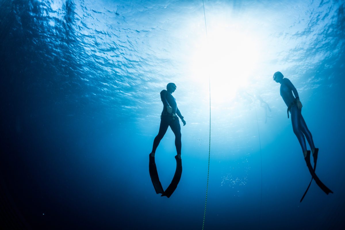 Two freedivers ascend from depth.