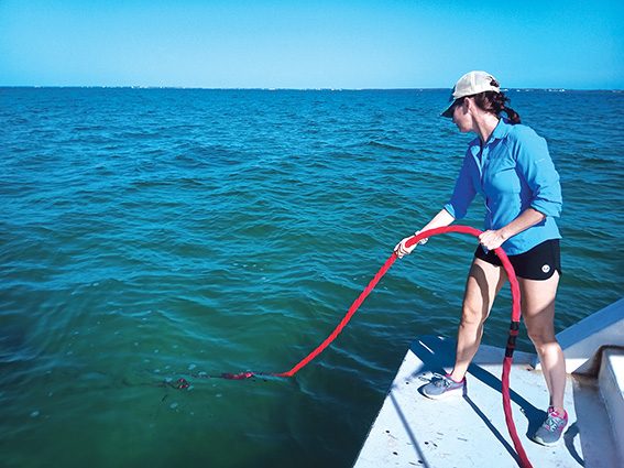 A line tender on the boat platform guides the umbilical through the currents.