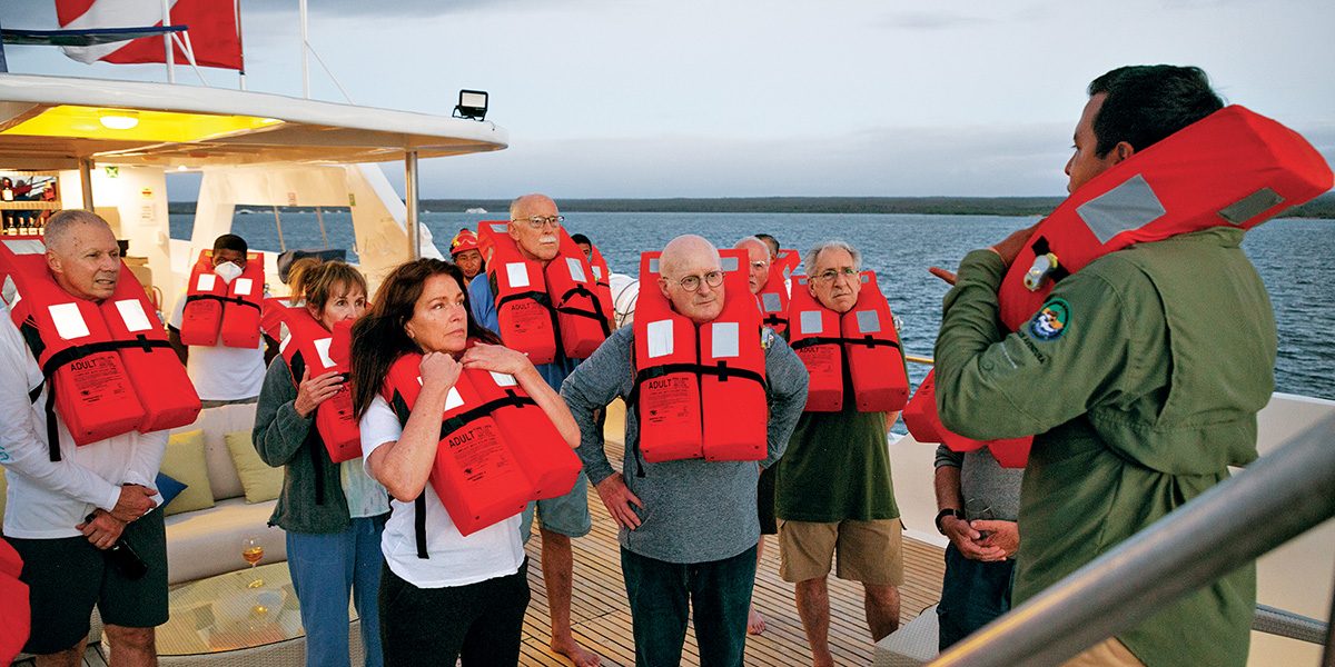 A safety drill, including what to do in case of fire or abandoning ship, should occur at the beginning of every cruise.