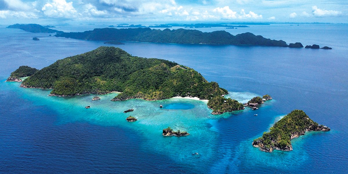 A drone’s view of Batbitim Island and the surrounding waters of Misool