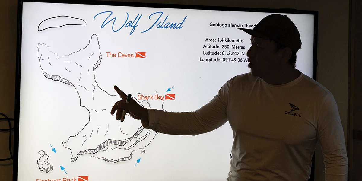Dive professional speaking about dives around Wolf Island