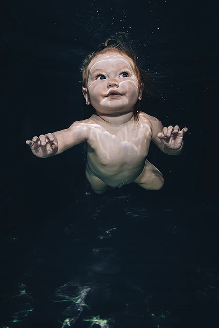 Nine-month-old baby, Apolline, underwater.