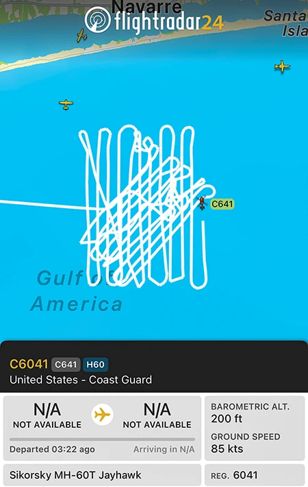 The Flightrader24 website shows the search pattern of Coast Guard search helicopter.