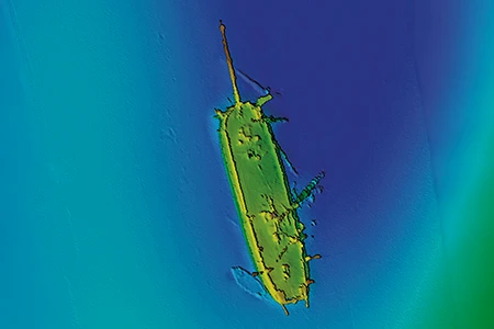 A multibeam echosounder image shows HMS Terror. 