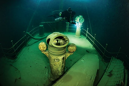 The binnacle and search light of the luxury yacht Gunilda