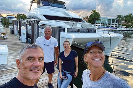 Kirk Krack, Kaiser, Carolina Schrappe, and Liz Parkinson prepare for a freediving video shoot